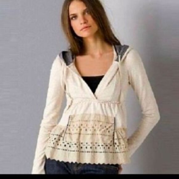 Vintage Free People Beige Hooded Eyelet Trim Empires Waist Babydoll Top - Picture 9 of 12